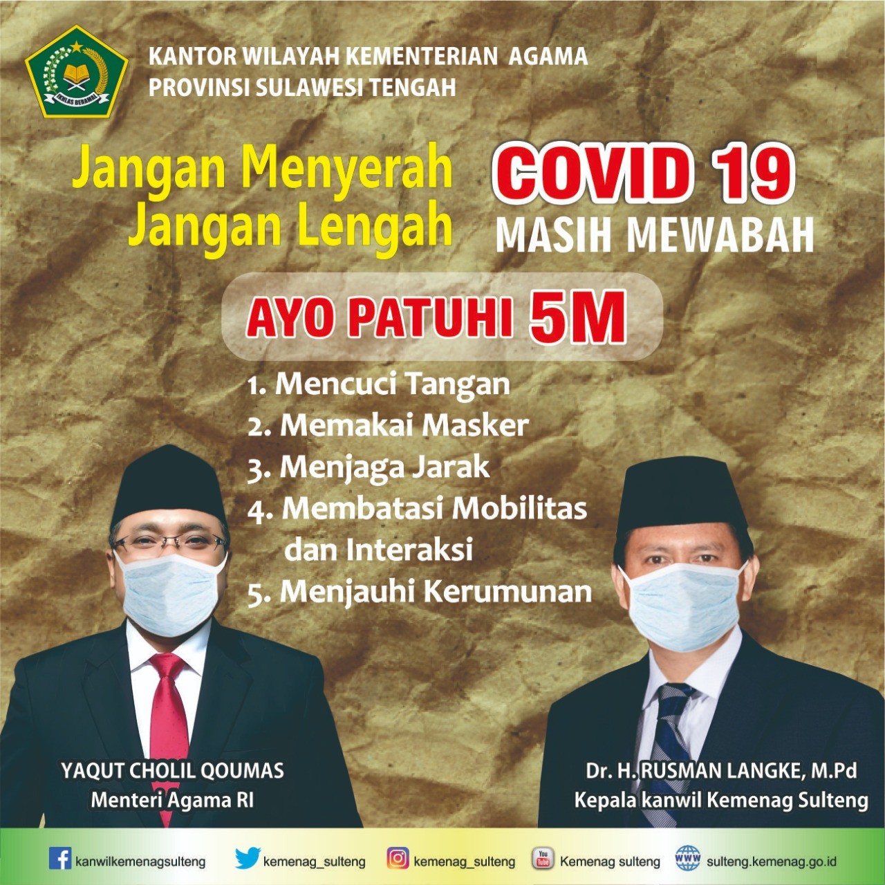 Kakanwil : Gerakan Sosialisasi 5M Upaya Kementerian Agama Mencegah Penyebaran Covid-19
