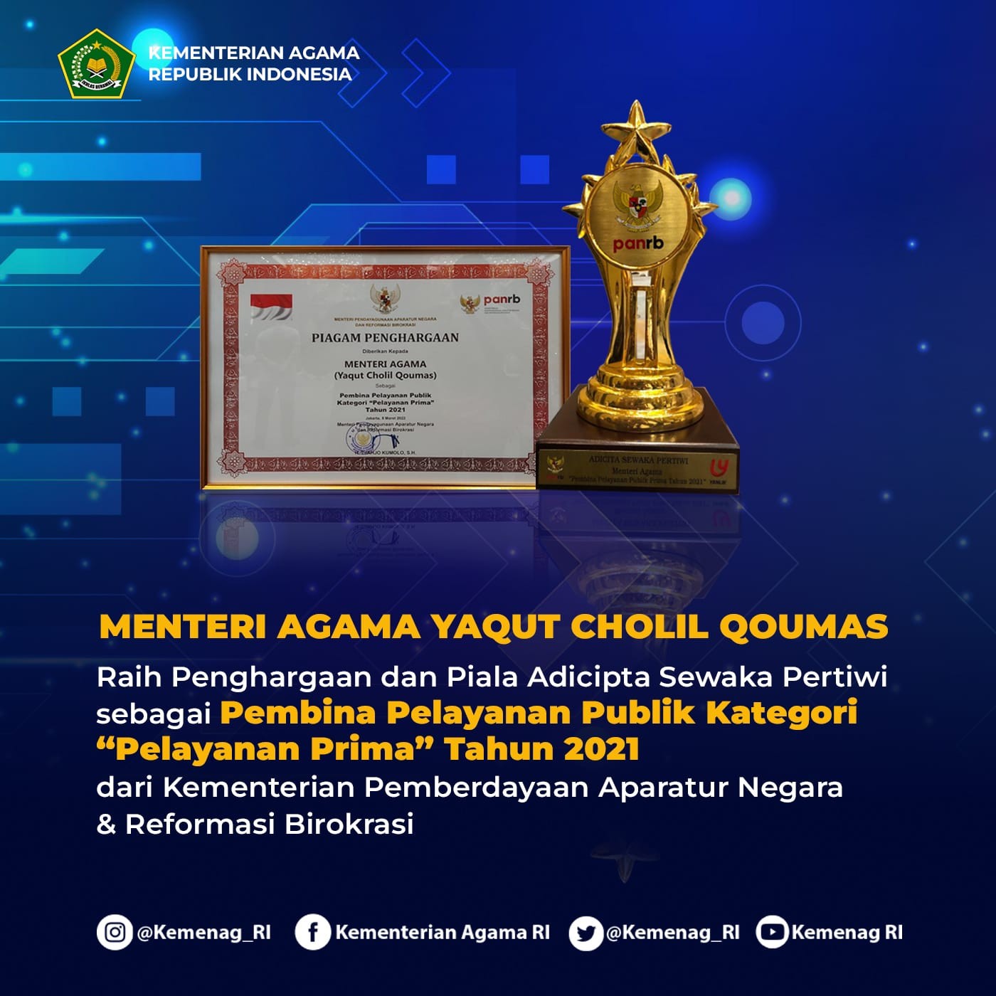 Berikan Pelayanan Prima, Menag dan Kemenag Bali Raih Penghargaan Kementerian PANRB
